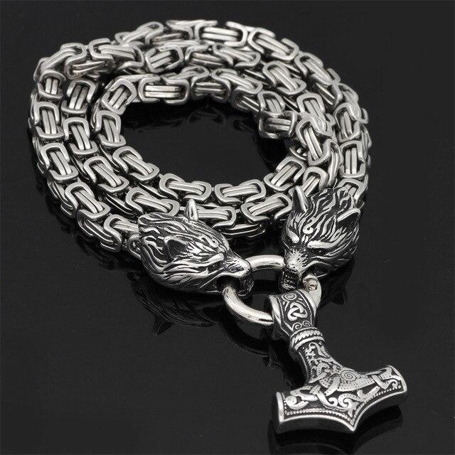 Stainless Steel Double Wolf Head & Mjolnir Survival Spirit Necklace/Bracelet-Orizon Depot