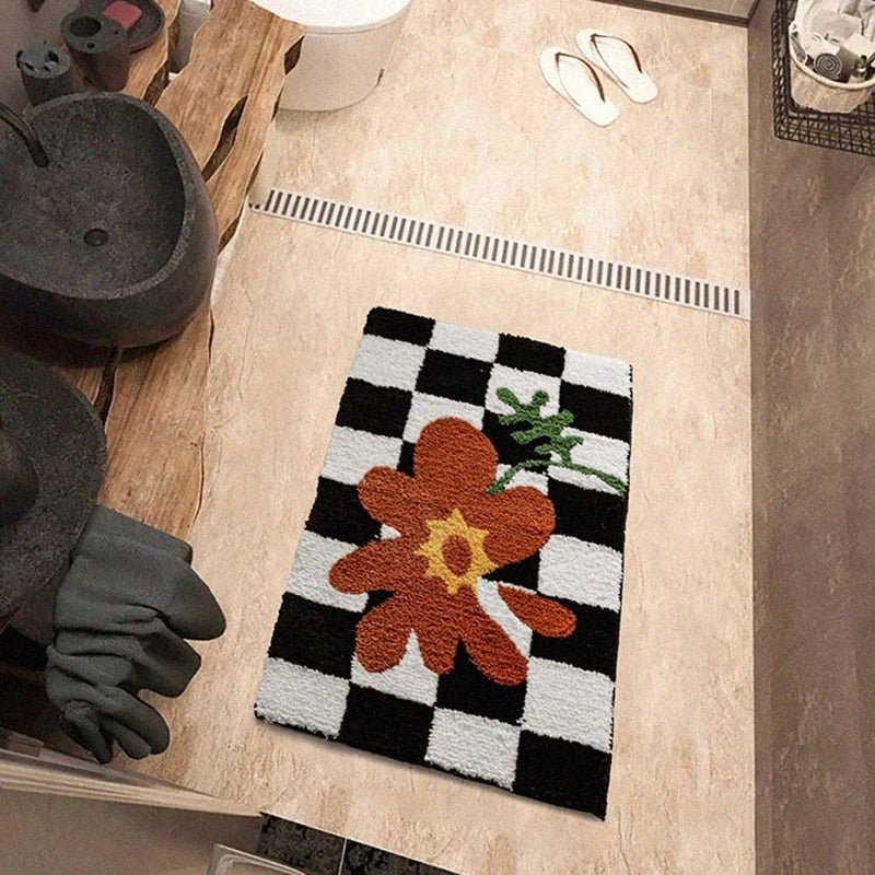 Vintage Checkered Plaid Bathroom Rugs - Cozy Retro Flower Carpet-Orizon Depot