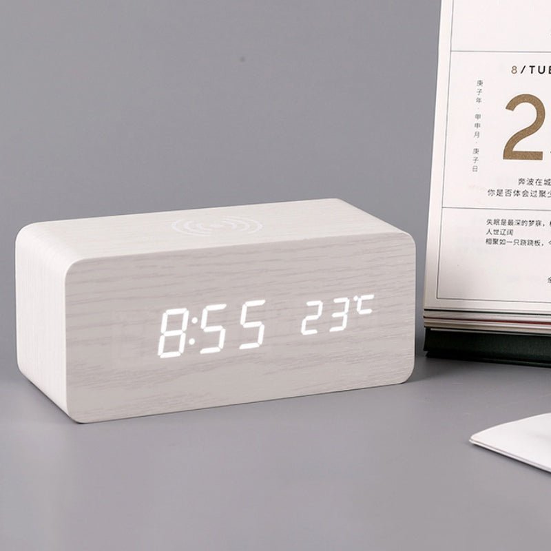 Wooden Alarm Clock with Wireless Charging Pad and USB Port-Orizon Depot