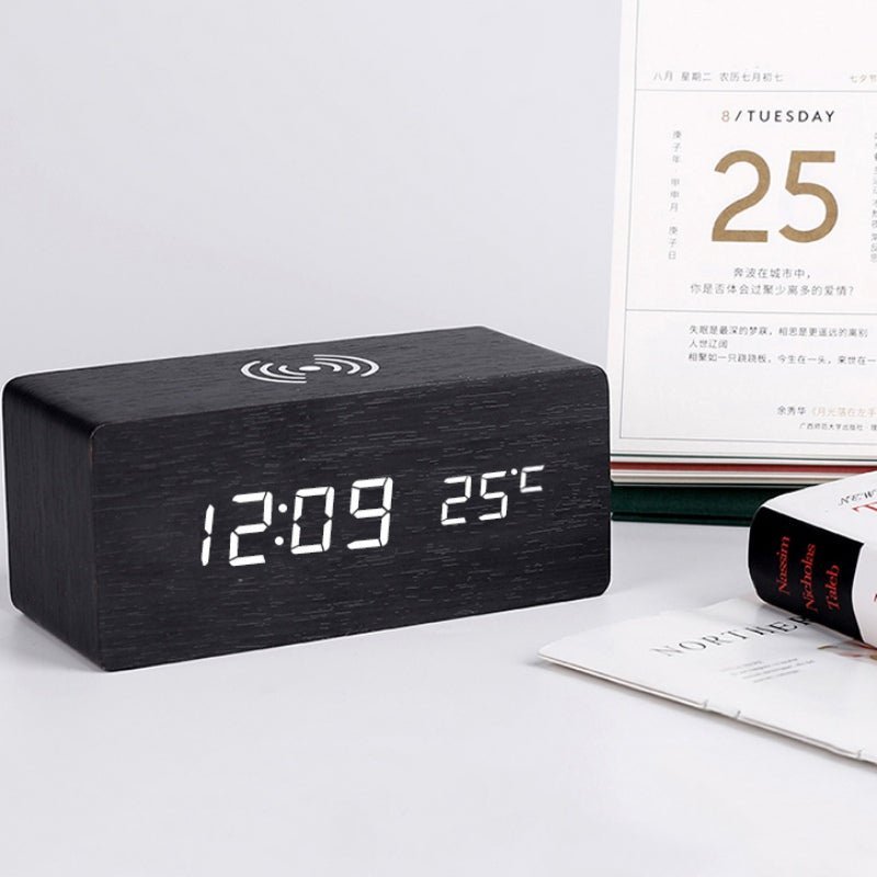 Wooden Alarm Clock with Wireless Charging Pad and USB Port-Orizon Depot