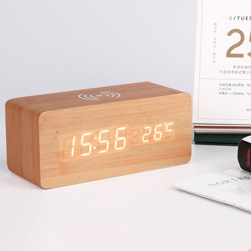 Wooden Alarm Clock with Wireless Charging Pad and USB Port-Orizon Depot