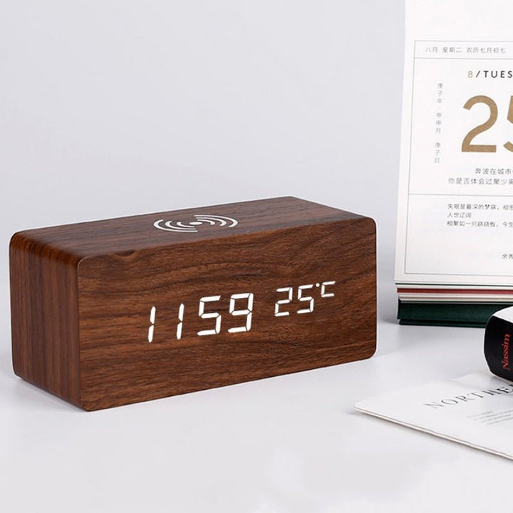 Wooden Alarm Clock with Wireless Charging Pad and USB Port-Orizon Depot